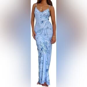 NWT REVOLVE & RESORT LUXURY lovers COMMENSE blue floral stretch maxi dress S